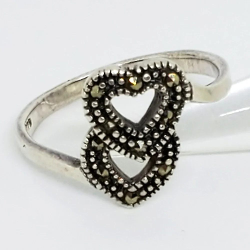 Marsala Co MC Marcasite Double Heart Open Work Sterling Silver Ring